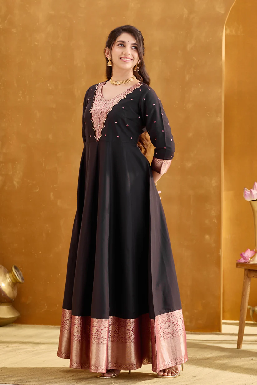 Black Anarkali with Golden Brocade Yoke & Border
